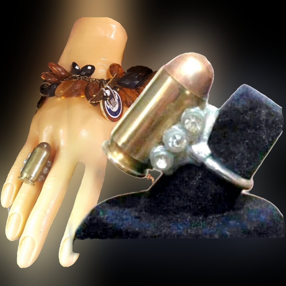 Vtg brass hrtr5 45 auto bullet casing triple bling rhinestone ammo ring 6.5 NWT